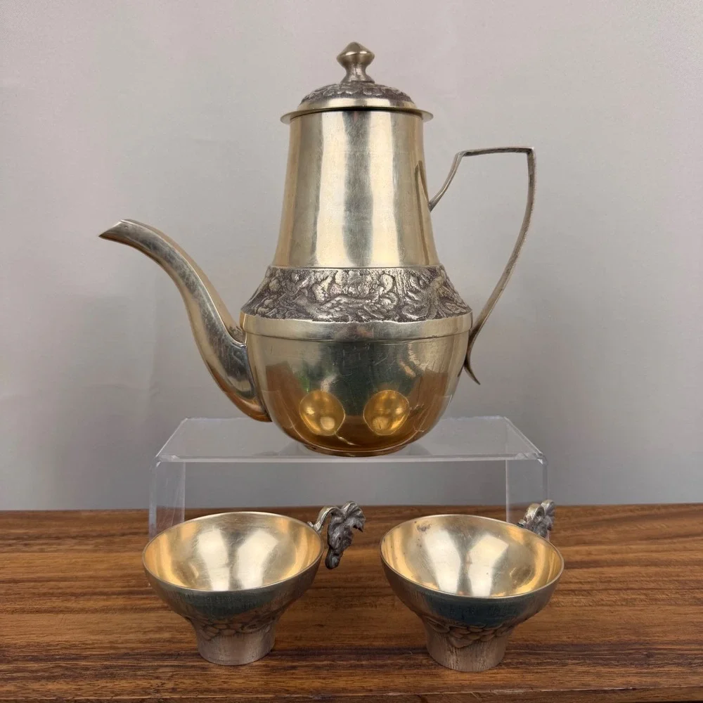 Vintage Brass Dragon Teapot Set with 2‎ Cups Ornate Relief Asian Style Decor